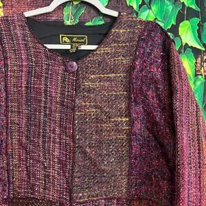 Vintage Mirasol Patchwork Tweed Jacket Womens XL Wool Blend Purple Brown
